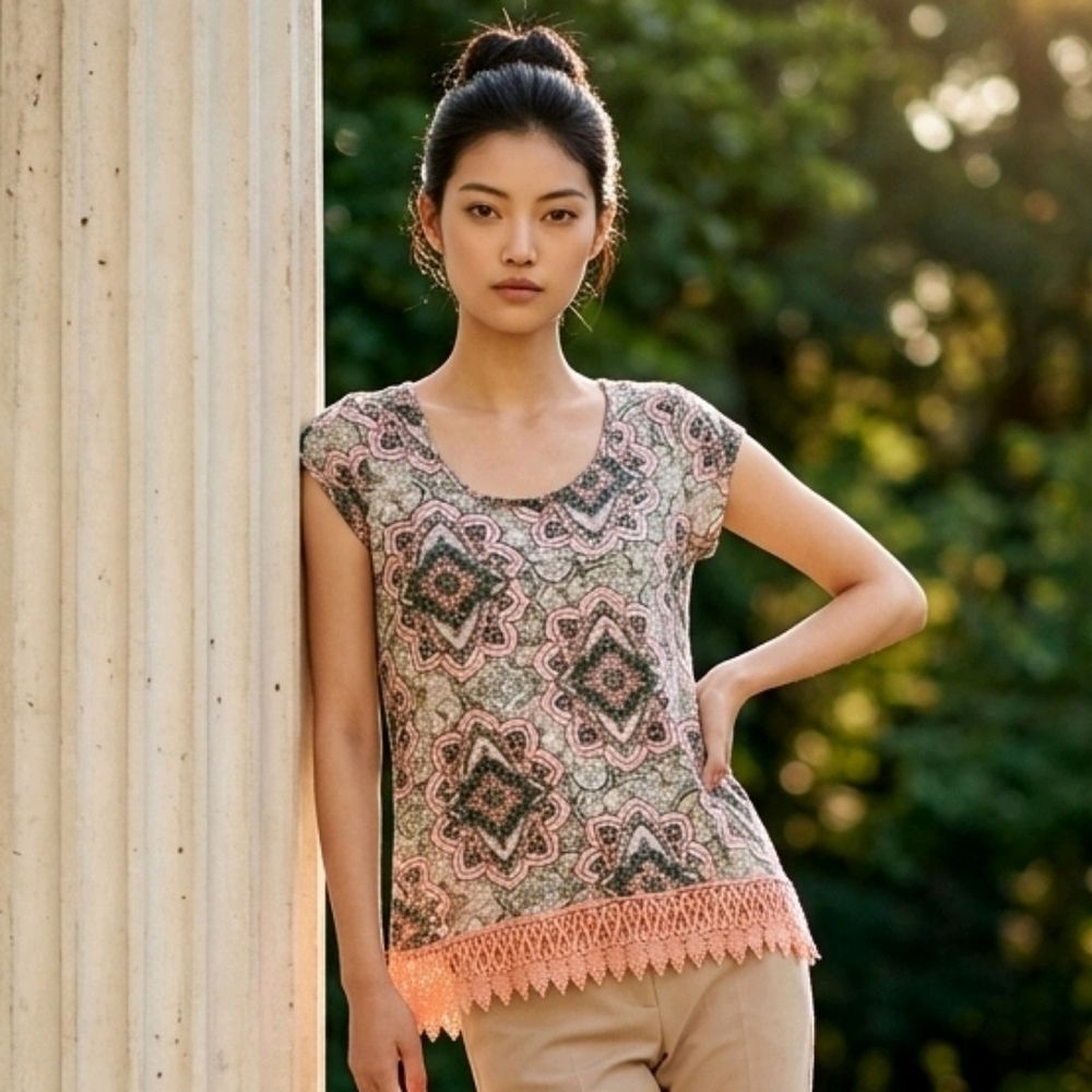 No Comment Coral Medallion Crochet Lace Trim Top Juniors Small Boho Casual Soft